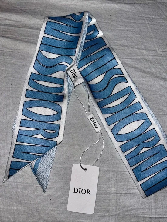 Brand New Twilly  Light Blue and White Christian Dior Logo Silk Scarf