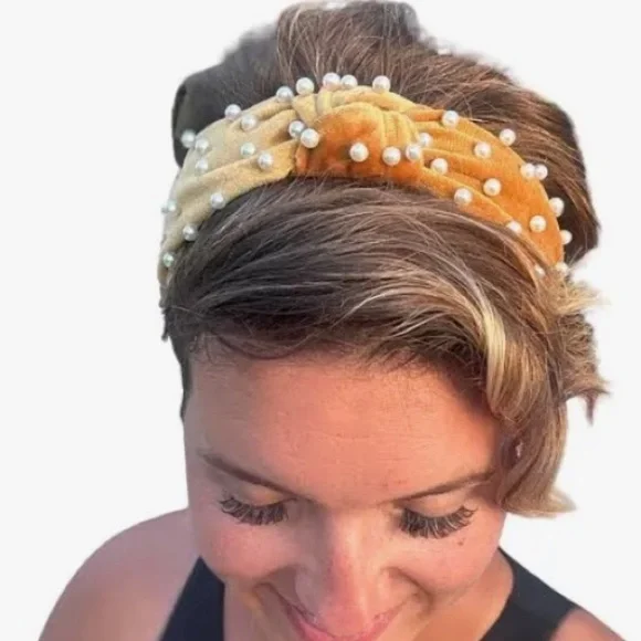 Cara New York Gold Velvet and White Pearls Wide Knot Top Headband.