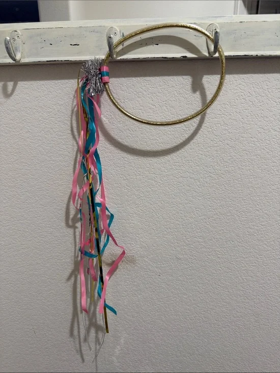 Gold Hoop Hair Accessory with Pink and Teal Streamers