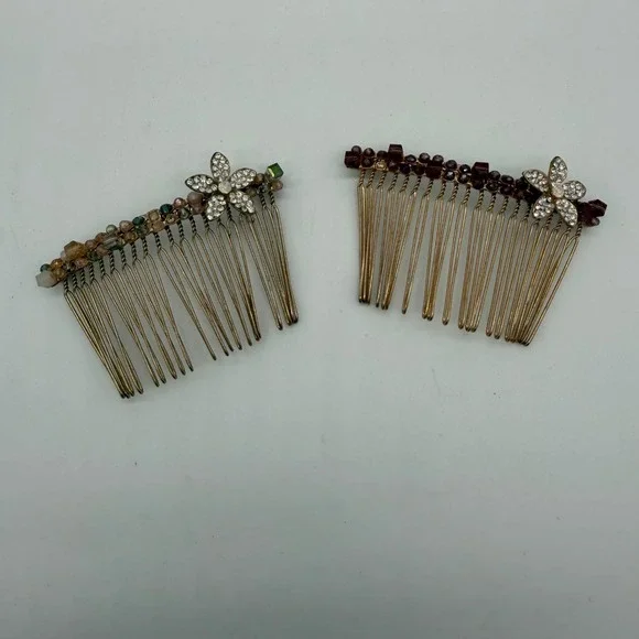 Vintage Beaded Flower Hair Combs Gold Tone Rhinestone Crystal Set of 2