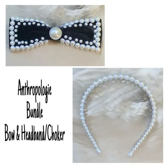 NWOT New Anthropologie Pearl Headband/Choker Necklace & Black Velvet Hair Bow
