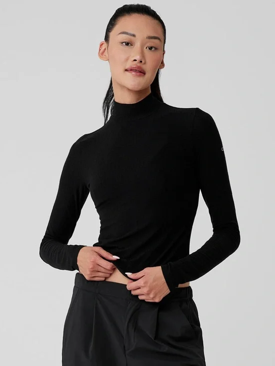 ALO Yoga Ribbed Sea Coast Mockneck Long Sleeve - Black Size  Small