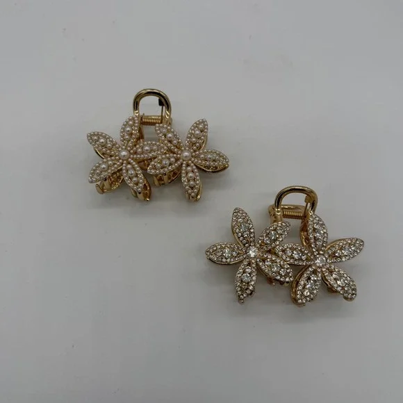 Gold Flower Hair Claw Clip Set Faux Pearl Rhinestone Crystal 2pc Floral Jewelry