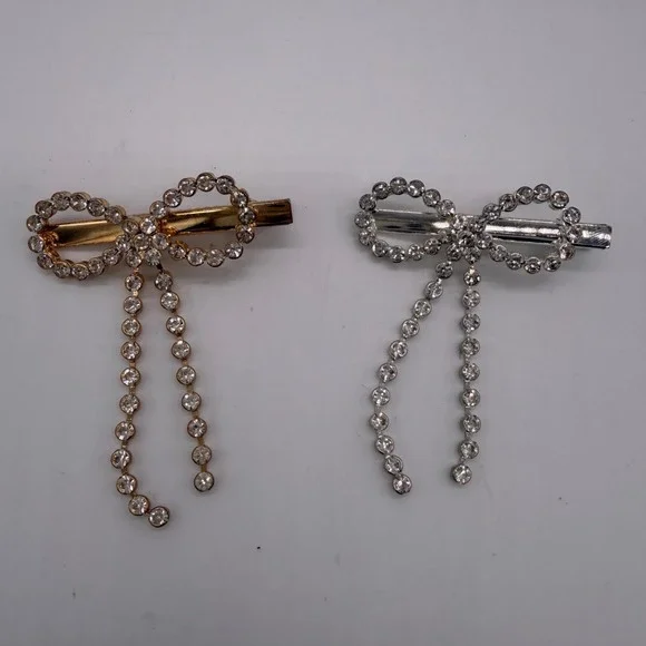 Vintage Y2K Rhinestone Bow Hair Clip Set Gold Silver Tassel Barrette 2pc