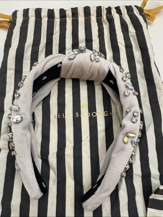 Lele Sadoughi Dove Grey / Silver Sand Crystal Knotted Velvet Headband.
