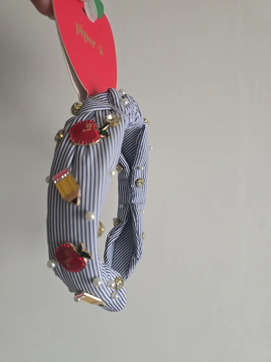 Piper K Striped Headband with Pencil, Apple, and Pearl Charms
