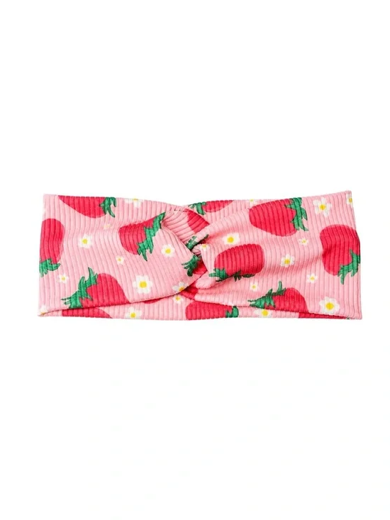 Strawberry Print Twist Headband Pink Ribbed Boho Cute Summer Hair Band Stretchy