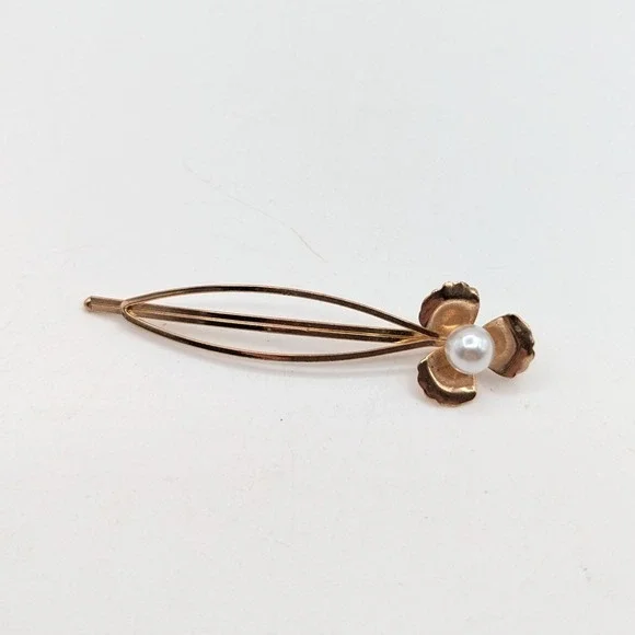Vintage Style Gold Tone Floral Pearl Hair Slide Bobby Pin Barrette Accessory
