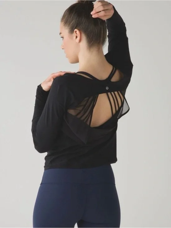 Lululemon If Youre Lucky Long Sleeve Tee II Size 4 Black Mesh Open Back Yoga