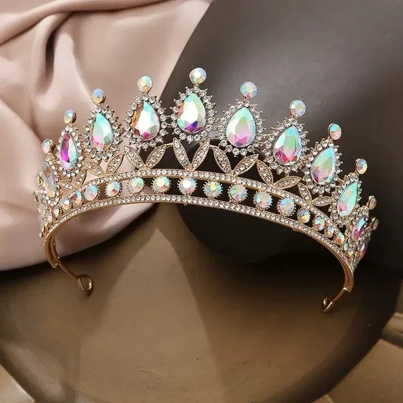 Crystal Teardrop Aurora Gold Tiara - Women Accessories
