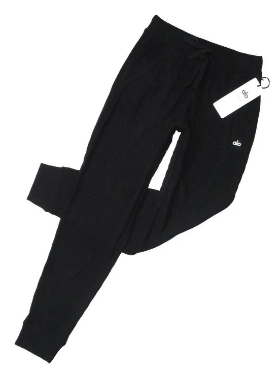 NWT Alo Yoga Muse Sweatpant in Black Ribbed Tapered Jogger Pants S