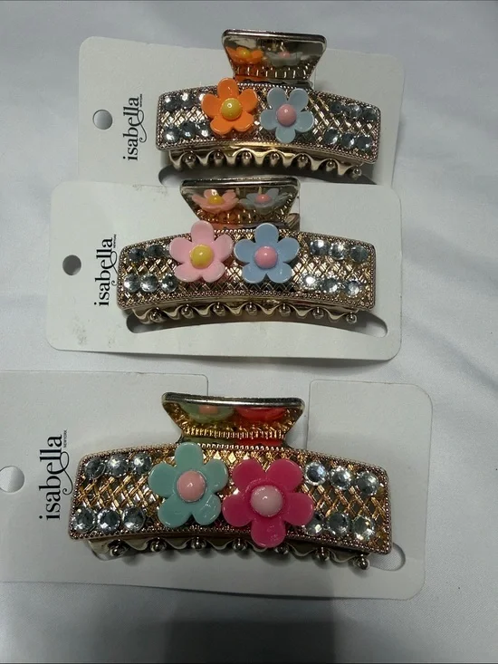 Set of 3 Multicolor Floral Rhinestone Hair Claw Clip - Pink, Blue, Mint, Orange