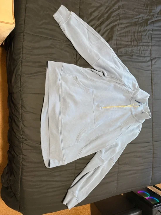 Women’s Lululemon scuba oversized funnel neck half zip long washed denim blue