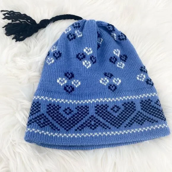 Vintage Handmade Top Notch Knits USA Beanie‎ Hat hearts VTG