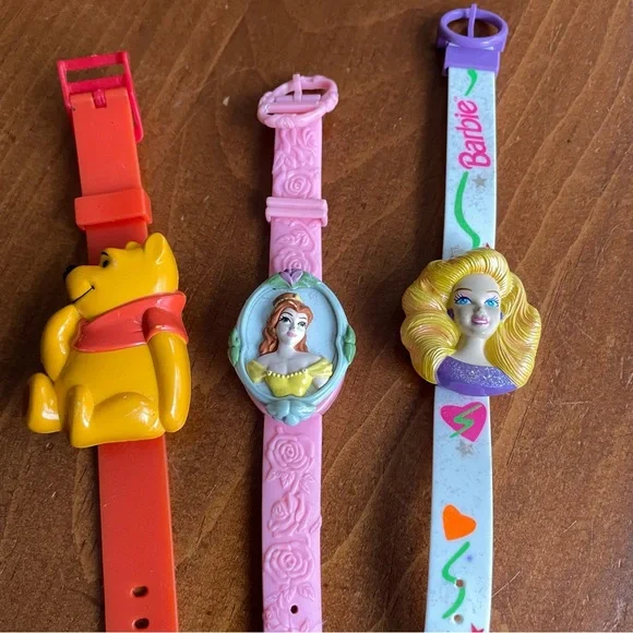 Vintage LOT of 3 - DISNEY & BARBIE Flip Open Cover Youth Collectible Watches