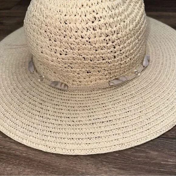 WET Coastal Headwear Wide Brim Straw Sun Hat with Bead Accents  handmade sz M