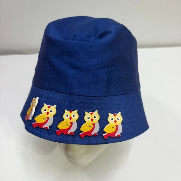Blue Bucket Hat with Owl Button Accents Women Whimsical Sun Hat Royal Blue