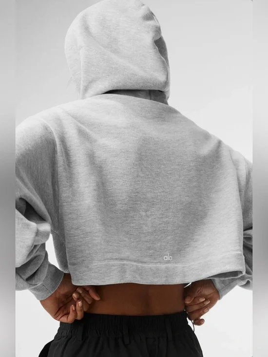 Alo NWT Bae Hoodie Athletic Heather Grey Cropped Pullover Sweatshirt Size L