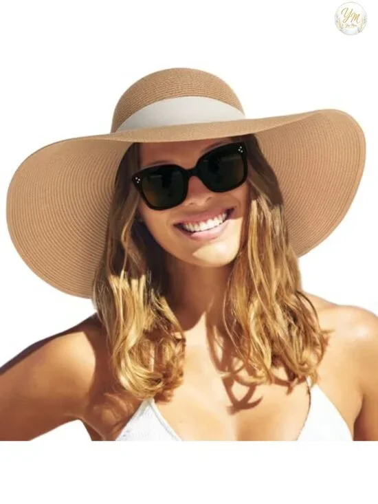 Womens Wide Brim Floppy Paper Straw Sun Hat with Adjustable Chin Strap,
