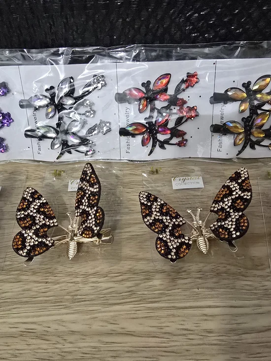 Rhinestone Butterfly Hair Clips - Brown & Gold
