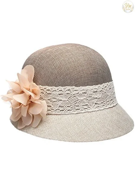 Linen Cloche Hat with Lace Band and Flower - Gatsby Style Summer Sun Hat