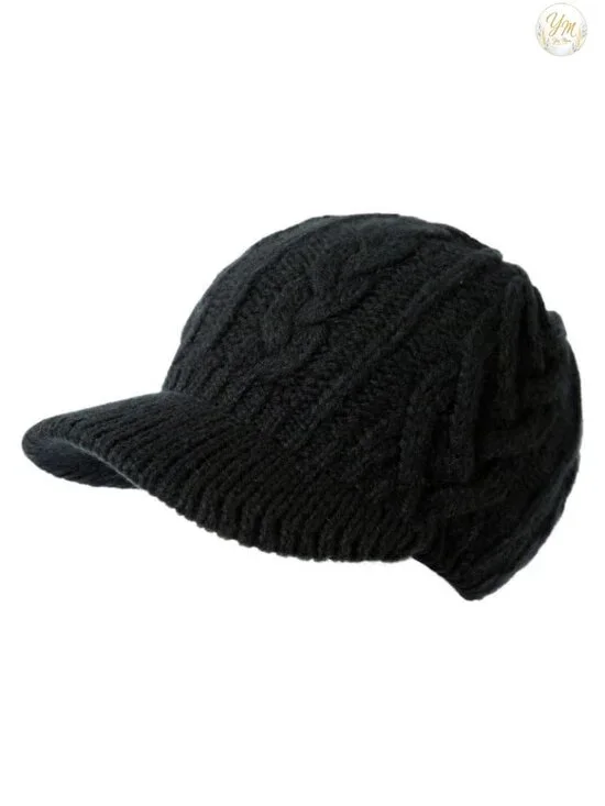 Merino Wool Cable Knit Visor Beanie Winter Hat