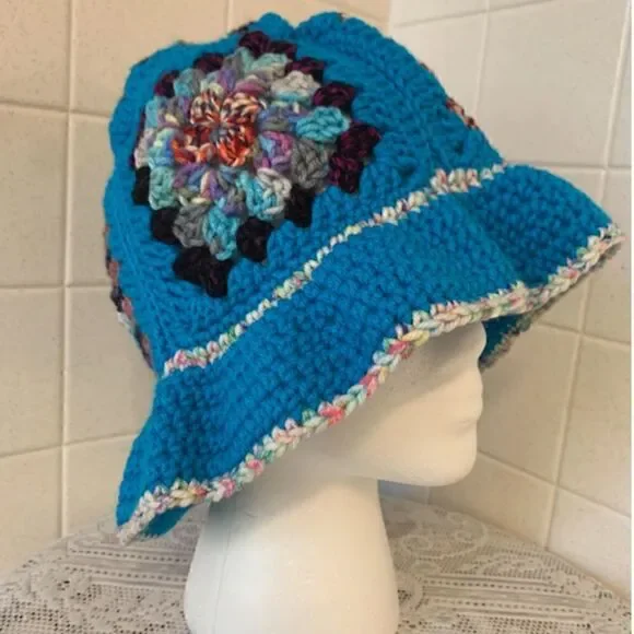 NEW! Hand Crocheted Hippie Style Granny Square Bucket Hat Retro Boho Trendy