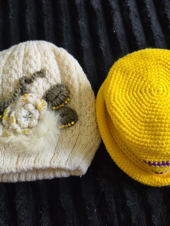Women's Cream Knit Beanie with Floral Accent