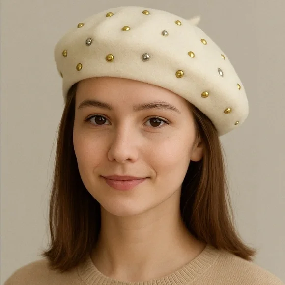 Vintage 70s 60s Cream‎ Ivory Wool Studded Jewel Beret Hat Women's Czechoslovakia