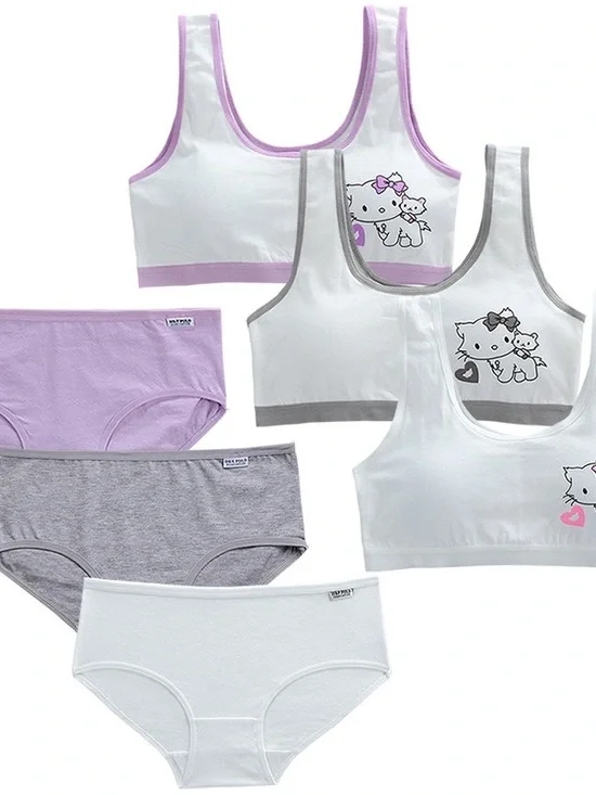 Girls' Cotton Training Bra & Briefs Set - White, Lavender, Gray 8-12 Y