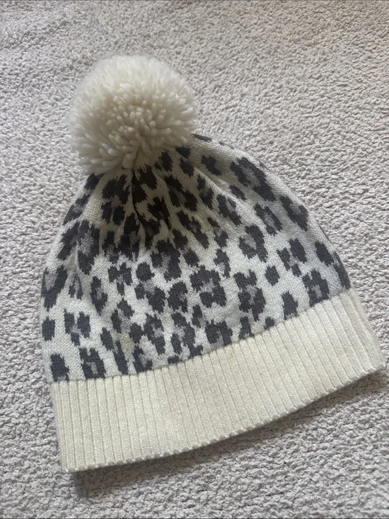 Kids Cream & Gray Leopard Pom Beanie
