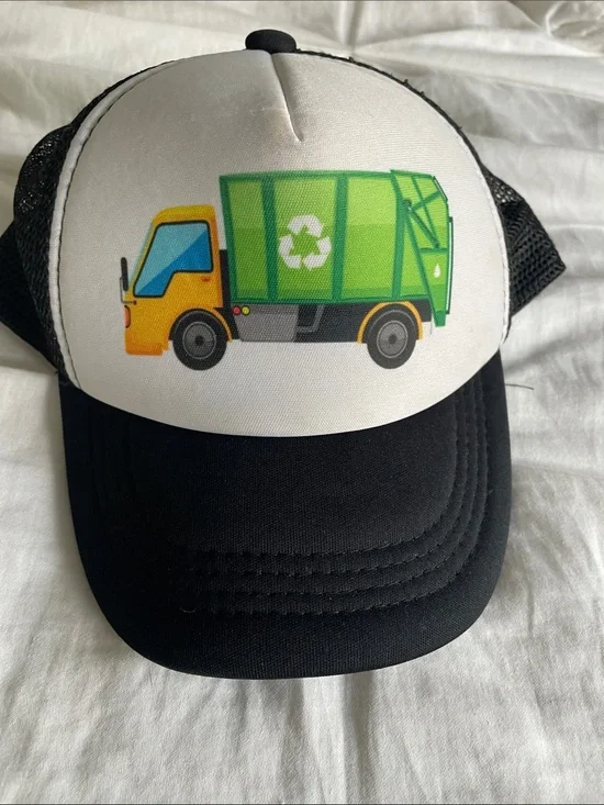 Kids Black and White Trucker Hat with Green Recycling Truck Graphic