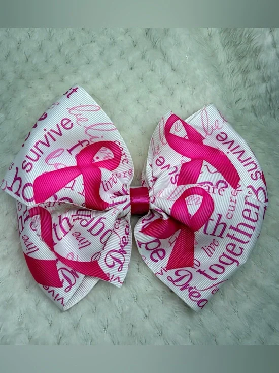 Large Pink Ribbon Pattern Hair Bow - Breast Cancer Support