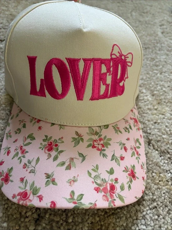 Women’s Floral Trucker Hat with Pink 'LOVER' Embroidery