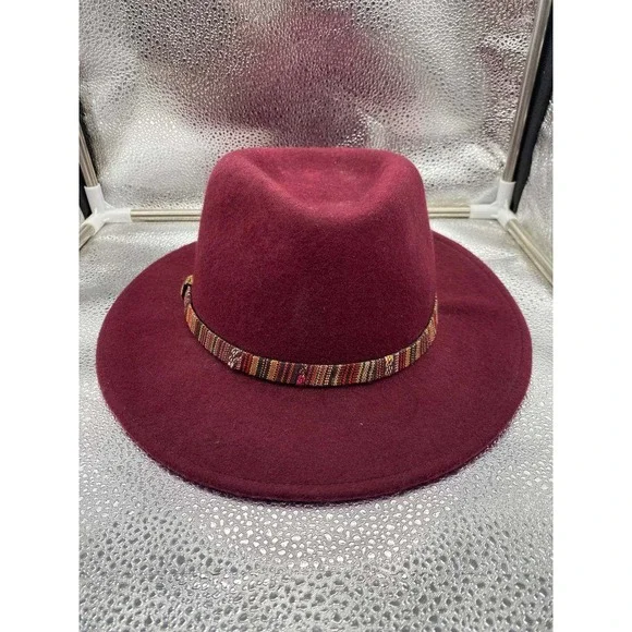 Unbranded‎ Fedora Women OS Burgundy Wool Felt Wide Brim Tribal Band Boho Western