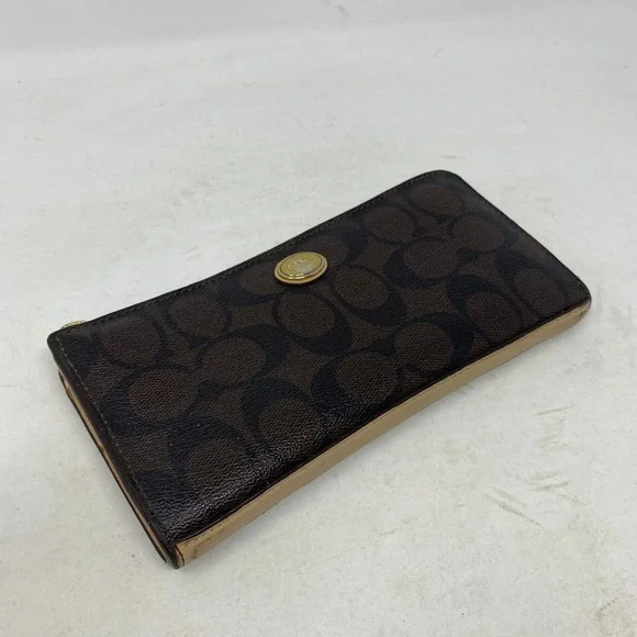 Coach Signature Monogram Zip Around Long Wallet Brown Tan Hardware‎