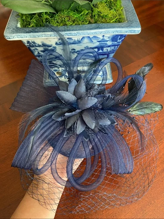 Navy Fascinator Headpiece with Feathers,Net Ribbons, Petals, Beads,Veil Clip On