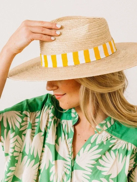Striped Band Straw Sun Hat - Yellow & White