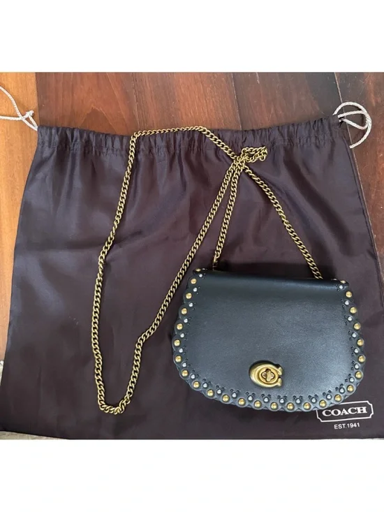Coach Saddle Belt Bag Studded Black Leather Crossbody Belt Bag Chain Strap