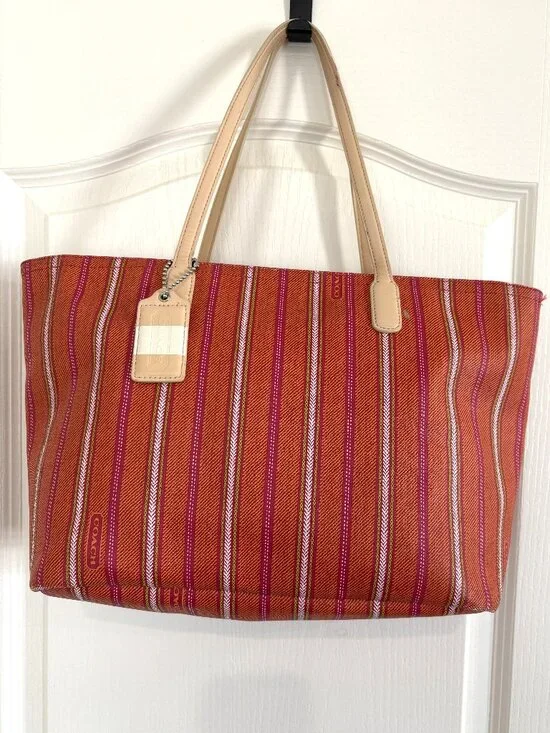 Coach Legacy Weekend Ticking PVC Tote Bag Handbag Pink Lime Orange Stripe 23108