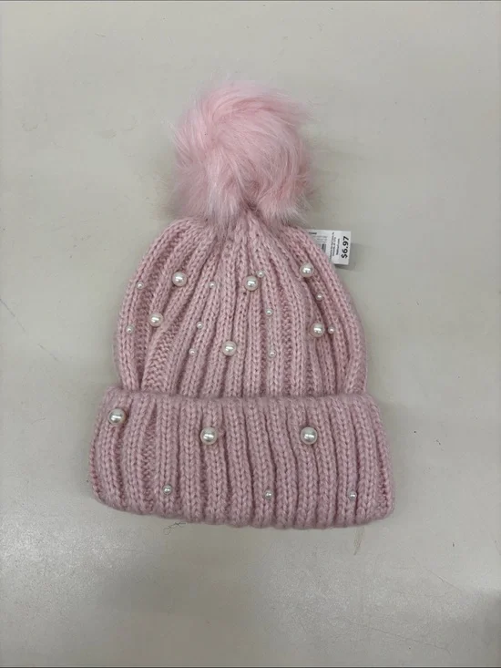 No Boundaries Light Pink Knit Pom Pom Beanie with Pearls