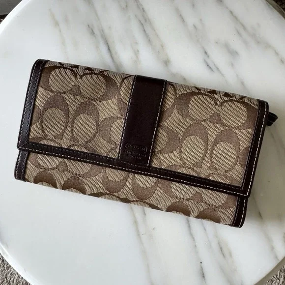 Authentic Vintage Coach Long Bifold Wallet ~ Brown Signature Canvas Pre Owned
