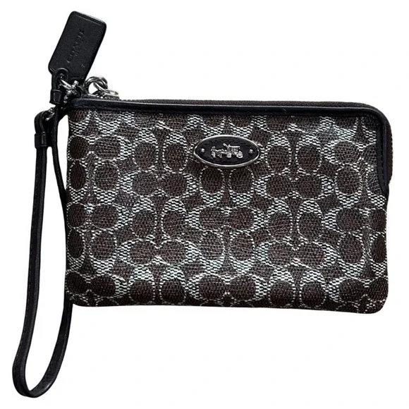 Coach Signature Monogram Wristlet Brown Jacquard‎ Zip Top Small Wallet Wristlet