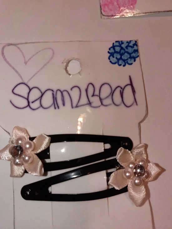Kids Cream Satin Flower Pearl Snap Hair Clips