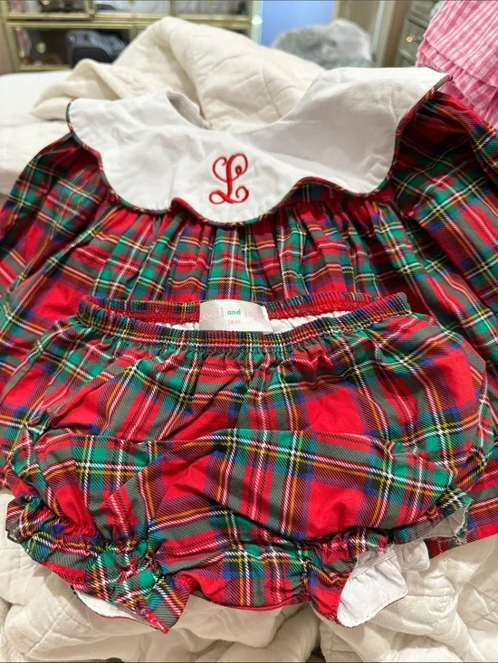 Classic Red Tartan Baby Bloomer Set with White Peter Pan Collar