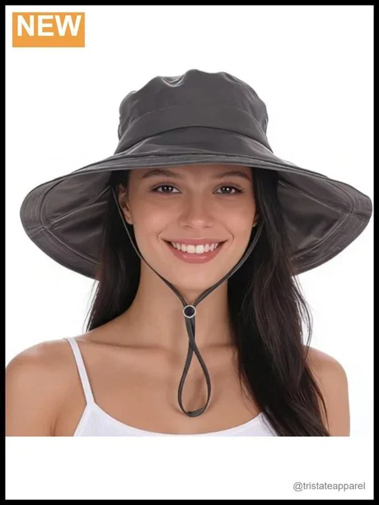 UPF 50+ Waterproof Wide Brim Sun Bucket Hat with Ponytail Hole, Chin Strap,