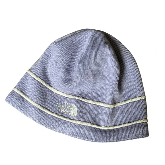 The North Face Periwinkle Blue Striped Knit Beanie Fleece Lined Winter Canada