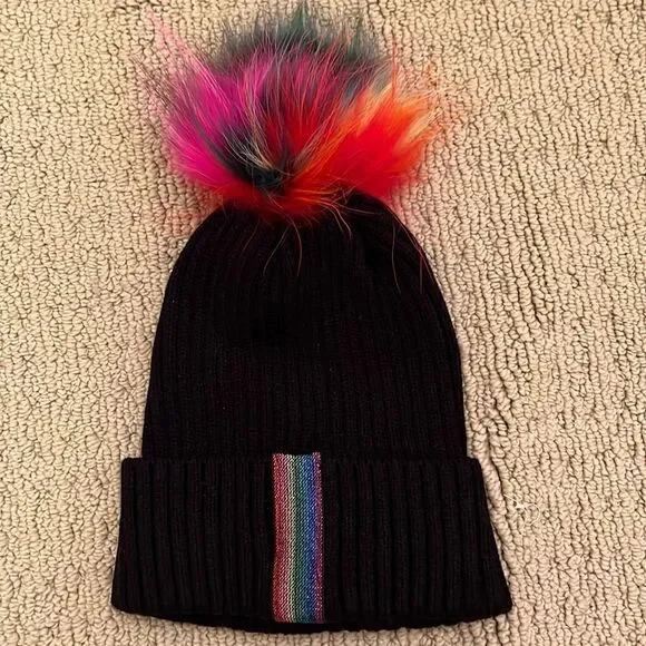 Rainbow Fur Pom Pom Hat