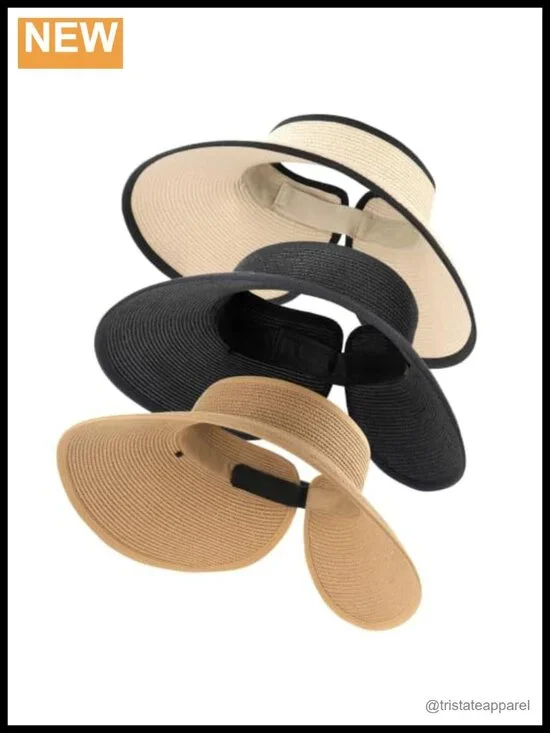 Wide Brim Straw Visor Hat with Ponytail Opening, Foldable UV Protection
