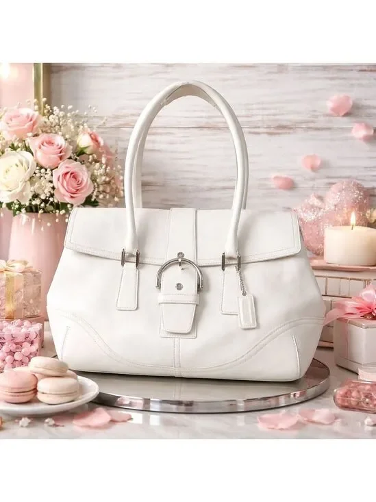 Coach Buckle Vintage Hand Shoulder Bag Soho‎ White Leather Satchel Silver Hardwa